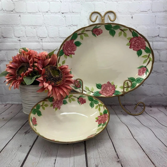 vintage NORLEANS eathware american beauty rose platter and serving bowl - Picture 1 of 10